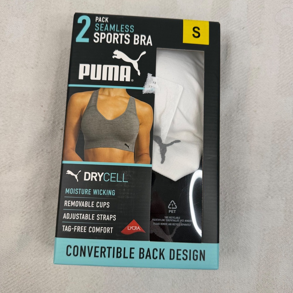 Puma Women 2 Pack Seamless Sports Bra DryCell Convertible Back White Grey Small